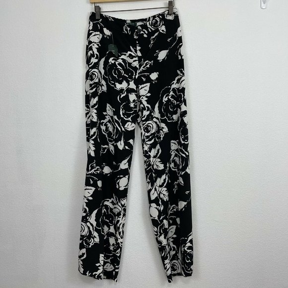 Lauren Ralph Pants Women’s PALAZZO Wide Leg Floral size 4 Black Pockets  New - Picture 2 of 6